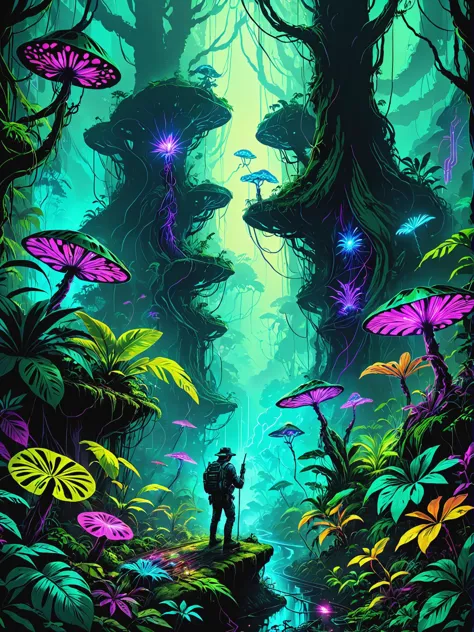 Time-traveling historian documenting pivotal events in Bioengineered creatures in neon-lit rainforest, ultra-fine digital painti...