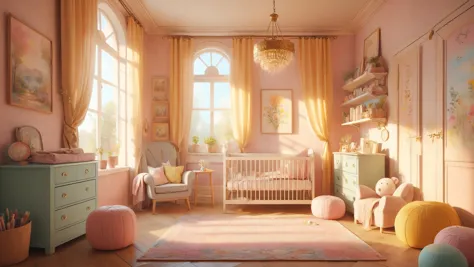 zavy-rmn Intimate nursery with soft pastels,, Sunshine rays, inkpunk style, sharp focus  trending on artstation, HQ, deviantart,...