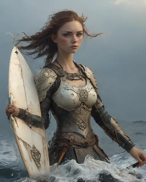 armed and armored beautiful celtic female warrior wind surfing, white froth, twilight hour, detailed face, <lora:add-detail-xl:0...