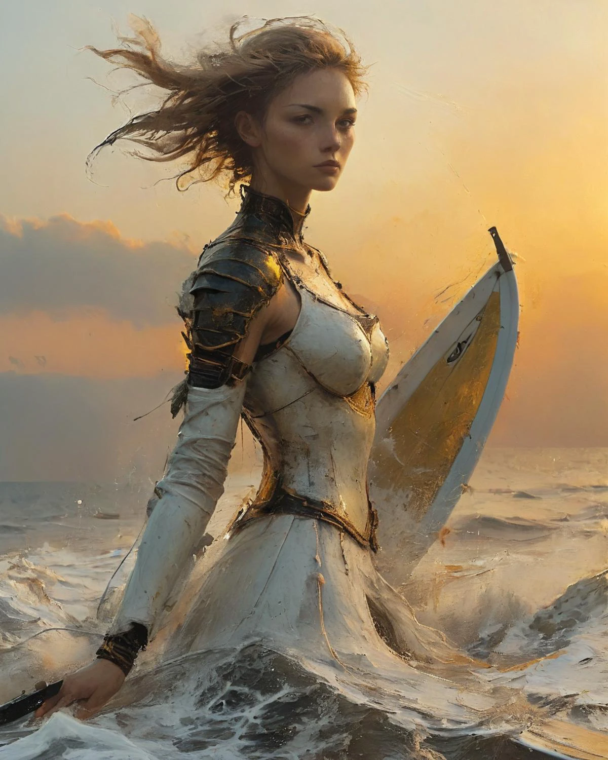 armed and armored beautiful female warrior wind surfing, white froth, golden hour, in the style of Nicola Samori,  fenliexl,   inkpunk