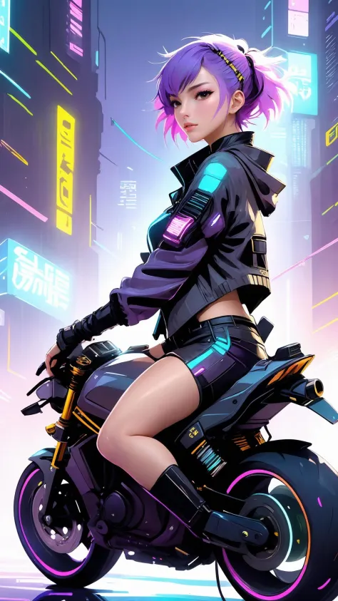 anime artwork masterpiece,best quality,depth of field,aesthetic,cyberpunk style,cyberpunk,anime,science fiction,
1 asian girl,20yo,solo,fullbody,jacket,purple|silver-blue|pink hair,short hair,Newly washed hair,
This is a futuristic cyberpunk style painting...