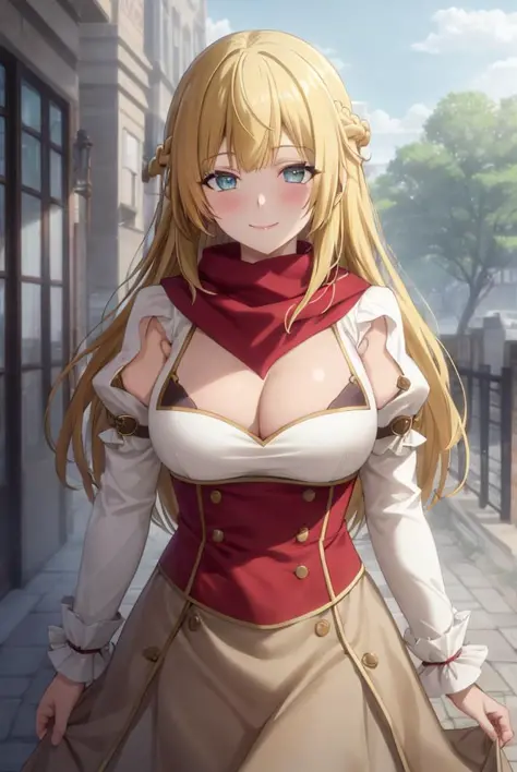 masterpiece, (best quality), 1woman,1girl ,Rit_BFTHP,  blonde hair , blue eyes,long hair,young woman  ,french braid ,  red scarf ,long sleeves ,cleavage ,blush , puffy sleeves , grey skirt, vibrant colors ,natural lighting  ,blush RTX,  medium breasts , sm...