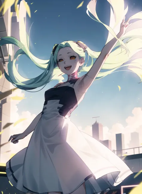 1girl, rebecca \(cyberpunk\), solo, tattoo,
Twin-tail hair, pure white dress, sun, flower garden, wide-mouthed smile, wind, beautiful, swaying hair,looking at view,
