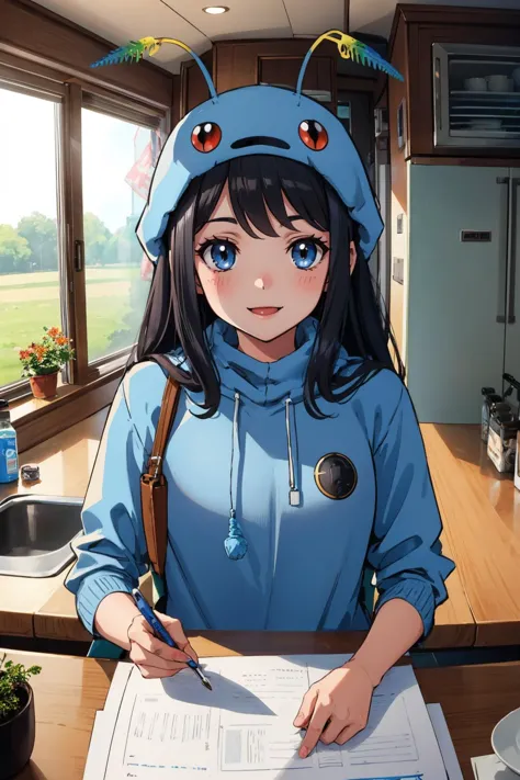 anime girl in blue outfit writing on paper with a bird on top