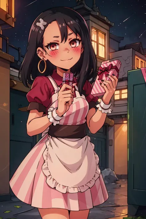 a woman in a maid outfit holding a pink box