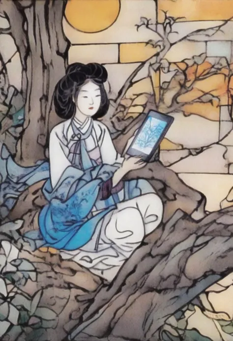 painting of a woman sitting on a tree branch reading a book