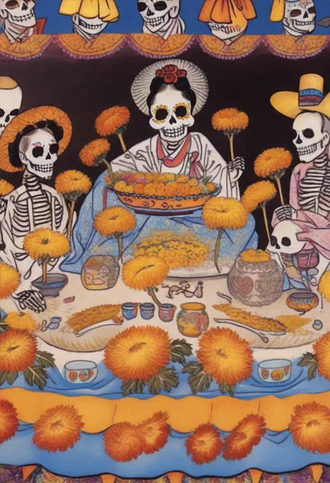 a close up of a painting of skeletons eating food on a table