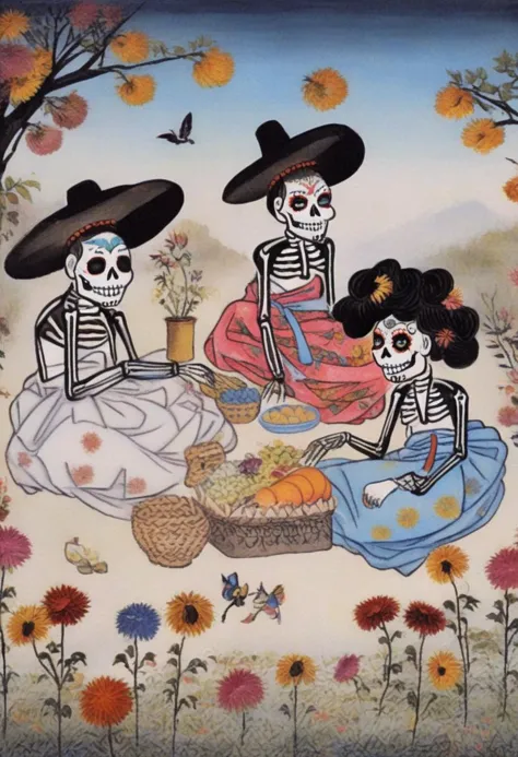 best quality, shinyunbok painting, a whimsical image of sugar skull characters having a picnic in a magical Day of the Dead garden.