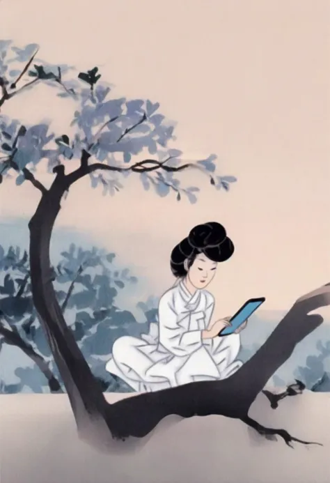 Flat papercut style shinyunbok painting, a girl looking at tablet pc, under the tree, sitting on ground . Silhouette, clean cuts, paper, sharp edges, minimalist, color block