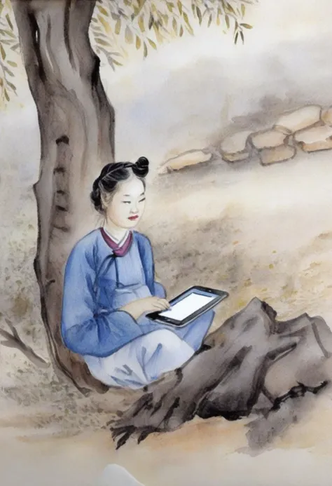 painting of a woman sitting under a tree using a tablet