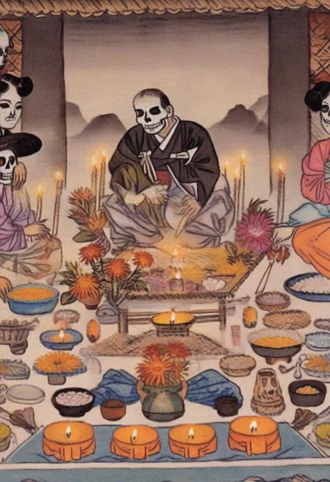 best quality, shinyunbok painting, a detailed image of a traditional Day of the Dead ofrenda with candles, incense, and offerings.