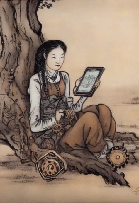 Steampunk style shinyunbok painting, a girl looking at tablet pc, under the tree, sitting on ground . Antique, mechanical, brass and copper tones, gears, intricate, detailed