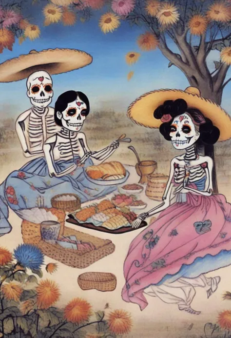 best quality, shinyunbok painting, a whimsical image of sugar skull characters having a picnic in a magical Day of the Dead garden.