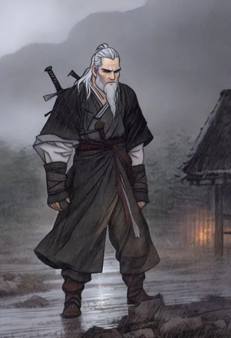 best quality, shinyunbok painting, an image of a brooding Geralt on a rainy day.