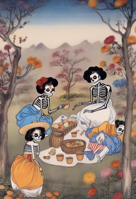 a close up of a painting of skeletons eating food in a field