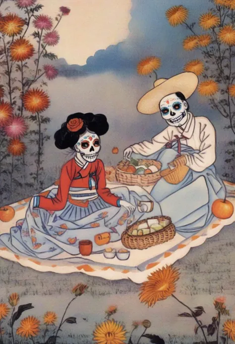 best quality, shinyunbok painting, a whimsical image of sugar skull characters having a picnic in a magical Day of the Dead garden.