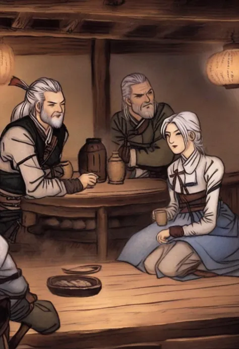 best quality, shinyunbok painting, a meeting between Geralt, Ciri, and Jaskier in a tavern.