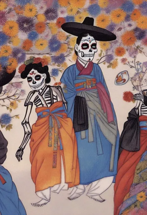 best quality, shinyunbok painting, an artwork of a festive Day of the Dead procession with people in intricate sugar skull makeup.