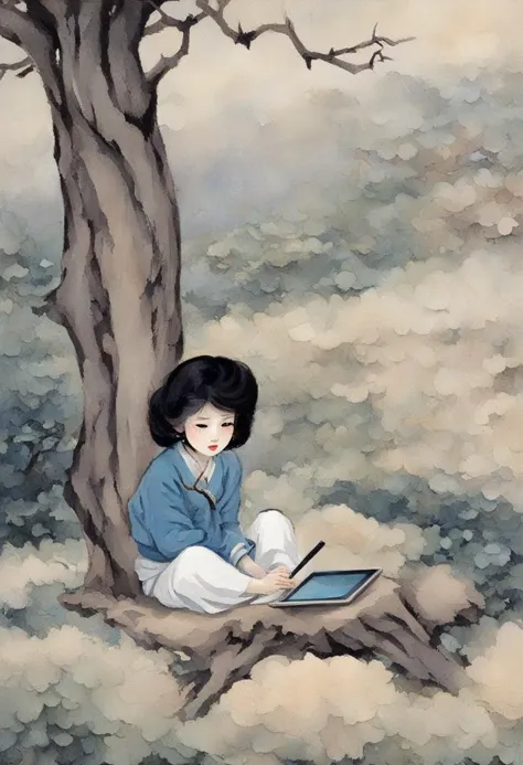 Retro game art shinyunbok painting, a girl looking at tablet pc, under the tree, sitting on ground . 16-bit, vibrant colors, pixelated, nostalgic, charming, fun