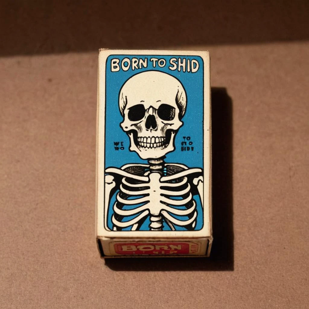 eine Vintage-Streichholzschachtel mit dem Bild eines coolen Skeletts, auf dem der Text steht ("geboren um zu scheißen, zum Abwischen gezwungen":1.5)