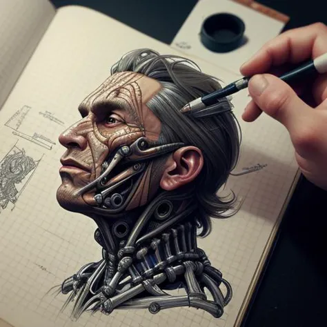 a close up of a person drawing a robot head on a book