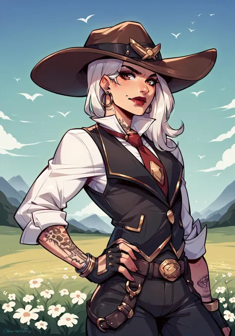 score_9,score_8_up,score_7_up,score_6_up,score_5_up,score_4_up rating_safe, flower field, hand on hip, elated, asheow,makeup,lipstick,tattoo,hat,necktie,cowboy hat,white shirt,jewelry,earrings,black vest,fingerless gloves,black pants,belt,boots,, 