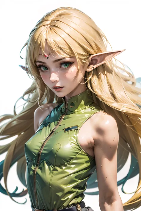 a close up of a woman with long blonde hair wearing a green dress