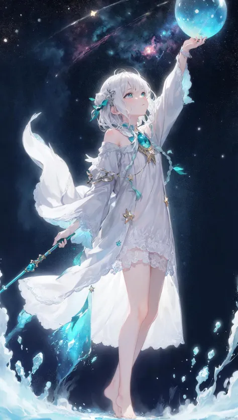 (((green, silver, glimmer)), limited palette, contrast, phenomenal aesthetic, best quality, sumptuous artwork,
(masterpiece), (best quality), (ultra-detailed),(((illustration))), ((an extremely delicate and beautiful)),(detailed light),1girl,cold theme, broken glass, broken wall,((an array of stars)),((starry sky)),the Milky Way,star,Reflecting the starry water surface,(1girl:1.3)aqua theme,white hair,blinking,white dress,closed mouth,constel lation,flat color,noline art,full Glass sphere,girl inside glass sphere,white hair,braid,blinking,white robe,bust \(sculpture\),barefoot,float,closed mouth,constel lation,flat color,holding,holding wand,looking up,standing,male focus,medium hair,standing,solo,space,universe,utaite(singer),Nebula,many stars,