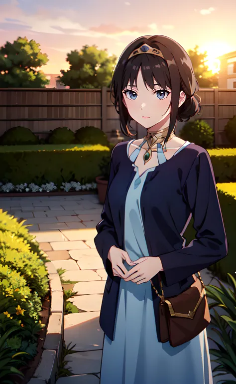 anime girl in blue dress standing in front of a garden