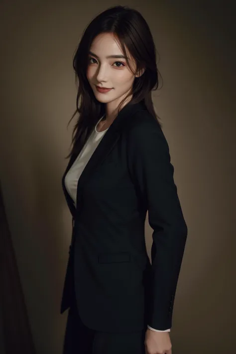 masterpiece,best quality,photorealistic,8K,RAW photo,ultra highres,extremely detailed eyes and face,extremely detailed,absurdres,Professional,1girl,slender,skinny,small breasts,formal suit,looking at viewer,smile,chenny,<lora:chenny_v10:0.9>,cowboy shot,arms behind back,