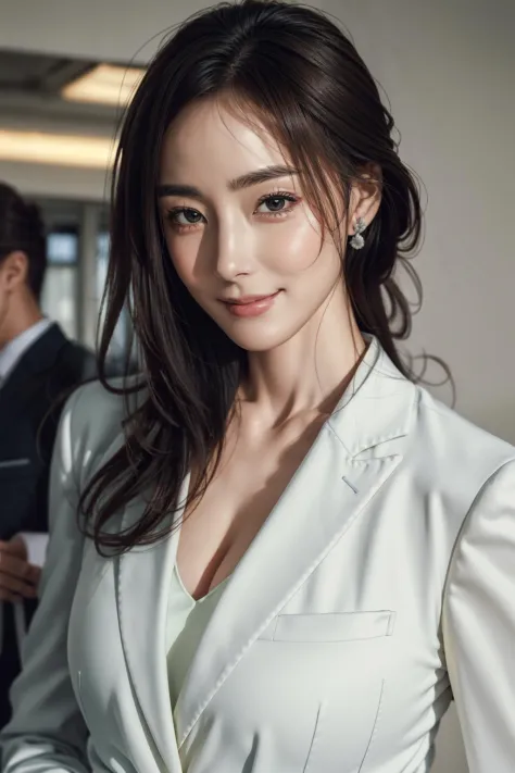 masterpiece,best quality,photorealistic,8K,RAW photo,ultra highres,extremely detailed eyes and face,extremely detailed,absurdres,Professional,1girl,slender,skinny,((white formal suit)),looking at viewer,smile,chenny,<lora:chenny_v10:0.8>,upper body,office ...