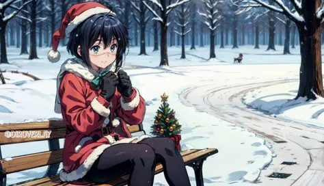 anime girl sitting on a bench in a snowy park