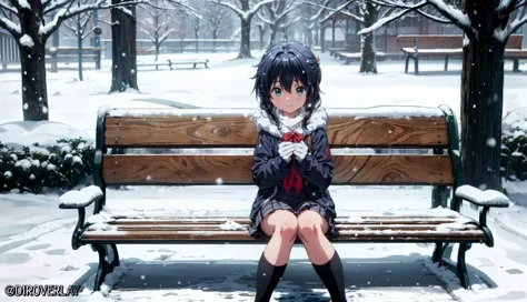 Rikka Takanashi, Mãos bonitas, mãos perfeitas, corpo feminino perfeito, CG em Ultra detalhado 8K, corpo todo, leve sorriso, dedos cruzados, Hands in luvas, luvas,
uniforme escolar, jaqueta, roupas quentes, down jaqueta, down jaqueta for a girl, Menina com roupas quentes, Roupas de inverno, 
inverno, nevefall, neve, white neve, neve falling, frio, sentado, banco, sentado on a banco,