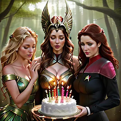 three women in costumes holding a cake with candles on it