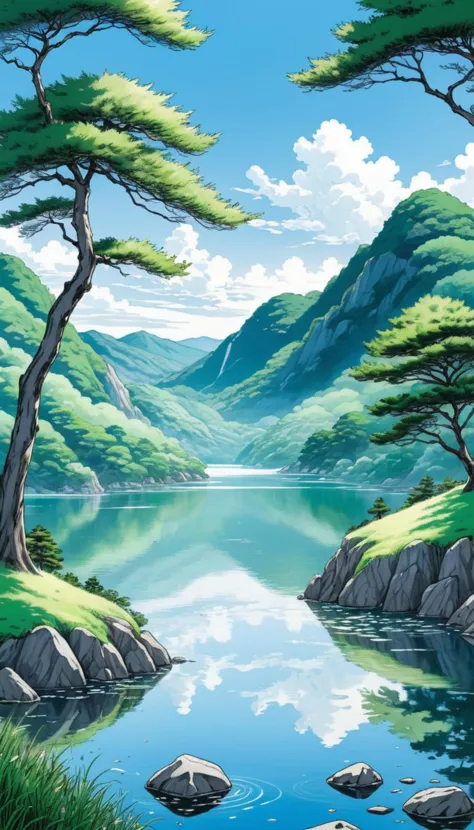 a painting of a lake surrounded by trees and rocks