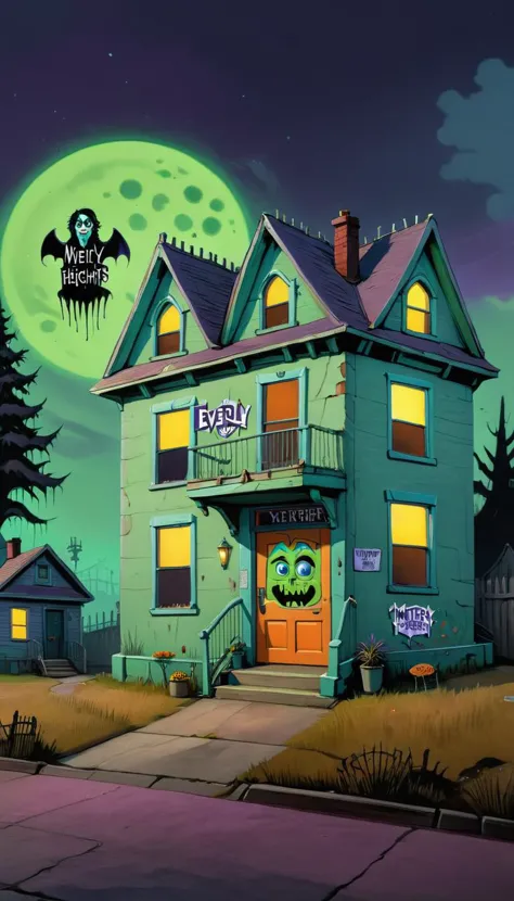 a cartoon house with a full moon in the background