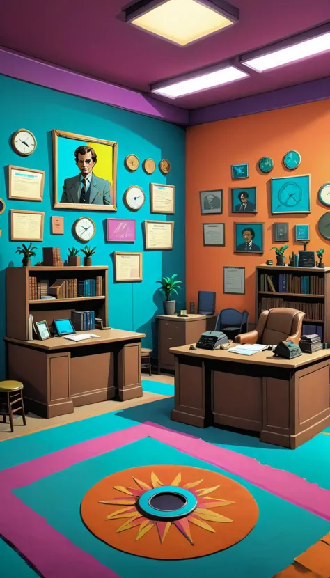 a cartoon office with a desk