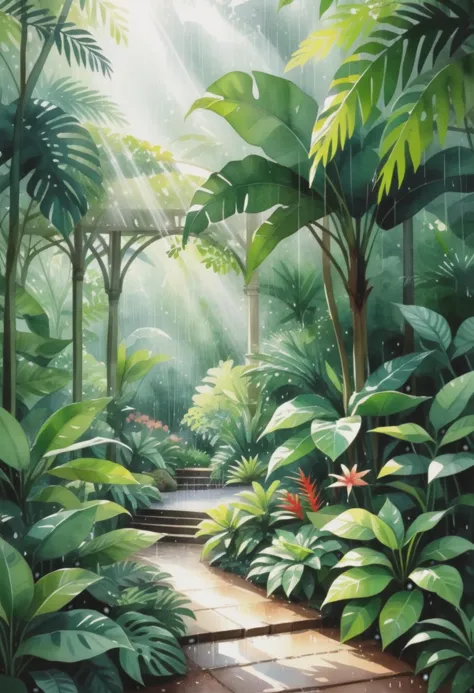 artistic animation:1.1), (watercolor style), lush botanical garden with exotic flora and fauna, gentle rainfall and sunlight bre...