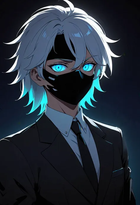 a white hair guy with face mask and black eye patch, blue eye, wearing suit with a neon glowing hairs in the anime style of neon...