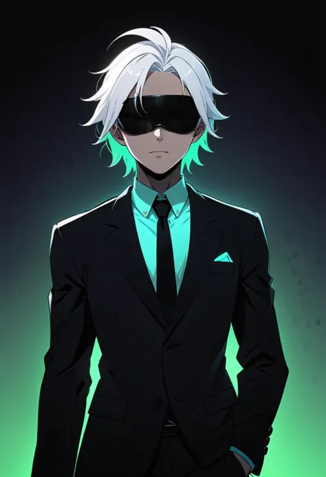 a white hair guy with eye mask, eyes closed, wearing suit with a neon glowing hairs in the anime style of neon silhouette contra...