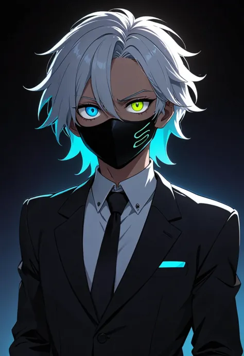 a white hair guy with face mask and black eye patch, blue eye, wearing suit with a neon glowing hairs in the anime style of neon...