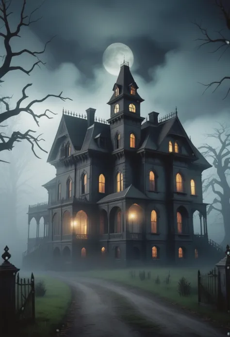 animated:1.6), (horror theme), haunted victorian manor shrouded in fog, ghostly apparitions and eerie atmosphere