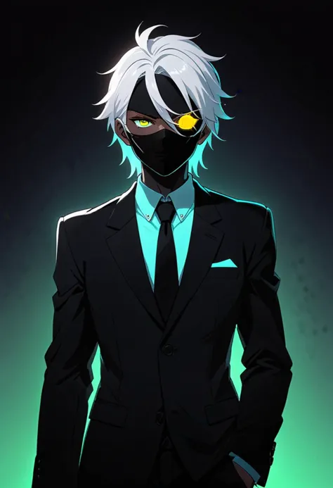 a white hair guy with eye patch and mask wearing suit with a neon glowing hairs in the anime style of neon silhouette contrast, ...