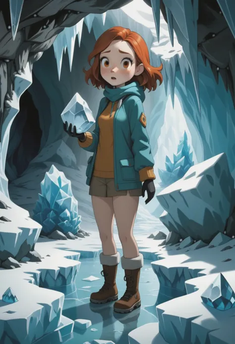 art by mathias goeritz:0.9), (3d cartoon art), mysterious girlfriend with freckles uncovering ancient artifact in icy cave, horr...