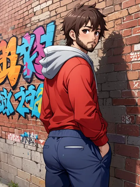 Anime sketch of, realistic, A (dg_DougXLman <lora:dg_DougXL:0.95>, excessively hairy body), wearing a hoodie, pants, leaning against a brick wall, looking to the side, colorful graffiti, text says "GAY", animestyle, Japanese anime