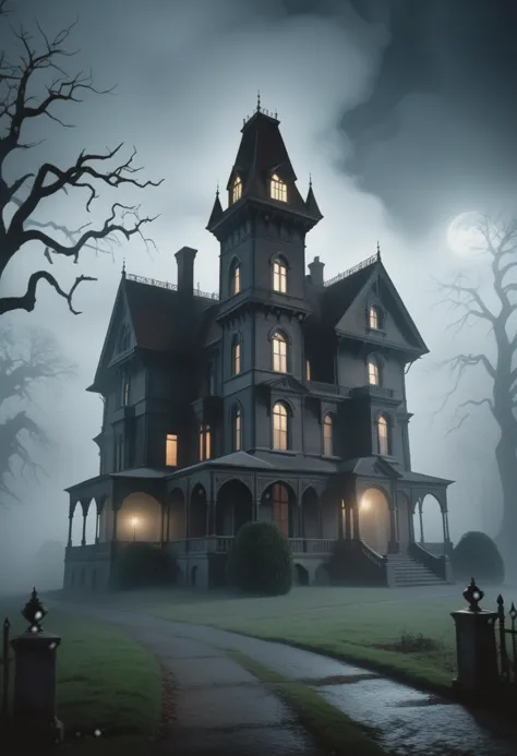 animated:1.6), (horror theme), haunted victorian manor shrouded in fog, ghostly apparitions and eerie atmosphere