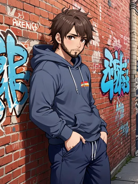 Anime sketch of, realistic, A (dg_DougXLman <lora:dg_DougXL:0.95>, excessively hairy body), wearing a hoodie, pants, leaning against a brick wall, looking to the side, colorful graffiti, text says "GAY", animestyle, Japanese anime