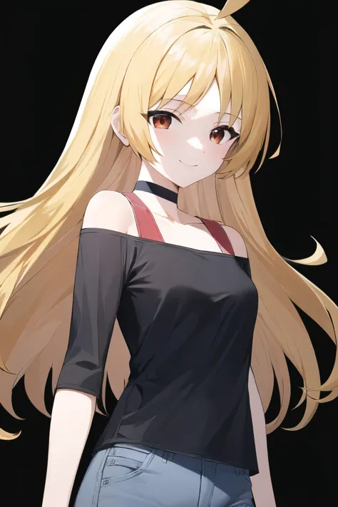 <lora:Ijichi Seika Bocchi:1>, smile, closed mouth, long hair, red eyes,long hair,ahoge,blonde hair,black choker,off shoulder,bangs
standing, upper body, medium breasts, blue mini jeans, black shirt,
(high quality, highres, best quality:1.2),  4k, highly detailed face, 1girl, (white background, simple background:1.2),  <lora:NoiseOffset_v2:1.0>