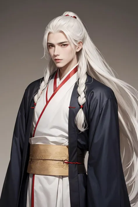 hanfu,masterpiece,best quality,highres,Man with long white hair,young,Handsome face,(Lateral face) ,<lora:GFman-000002:0.8>,