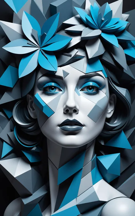 Woman enhanced with a thoughtful floral structure, shrouded in the multi-faceted planes unique to Cubism, digital art, zbrush te...